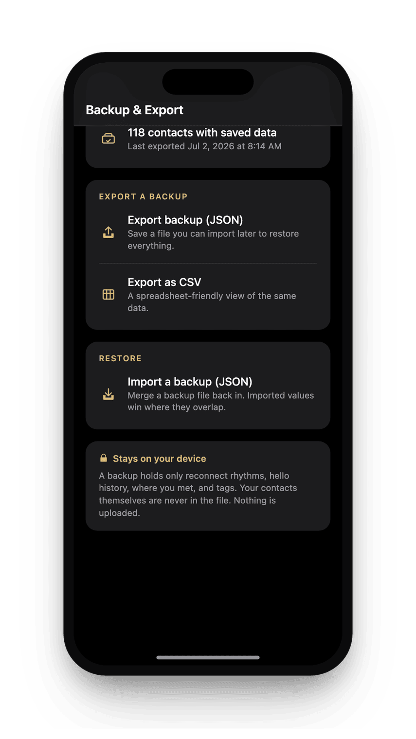 The Backup and Export screen in dark mode.