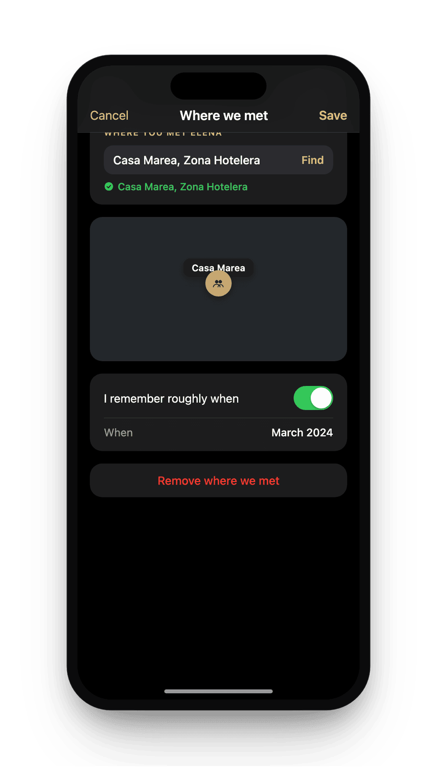 The where-we-met editor in dark mode.