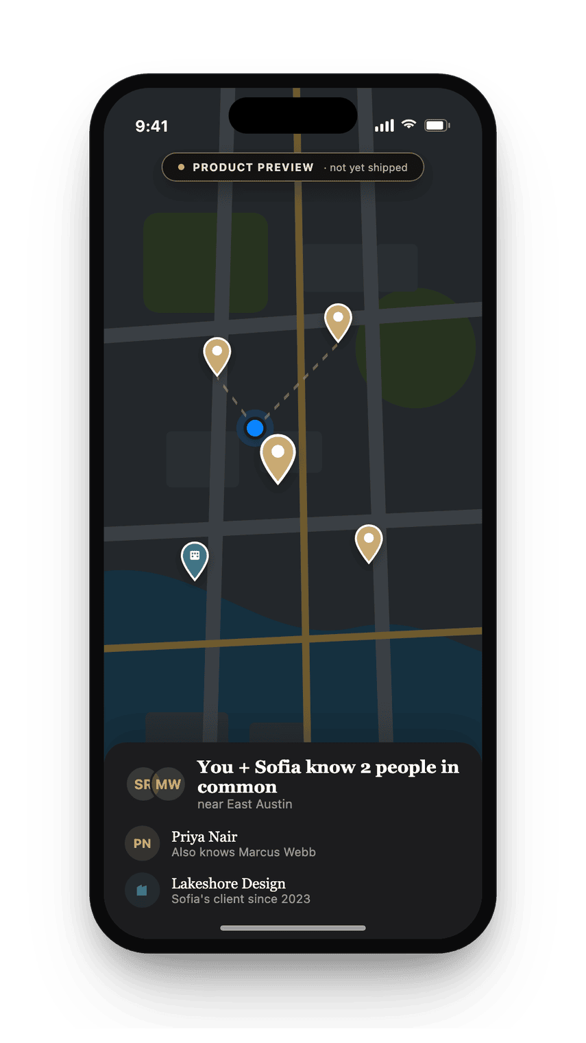 Concept mockup of the mutual-connections card, dark theme.