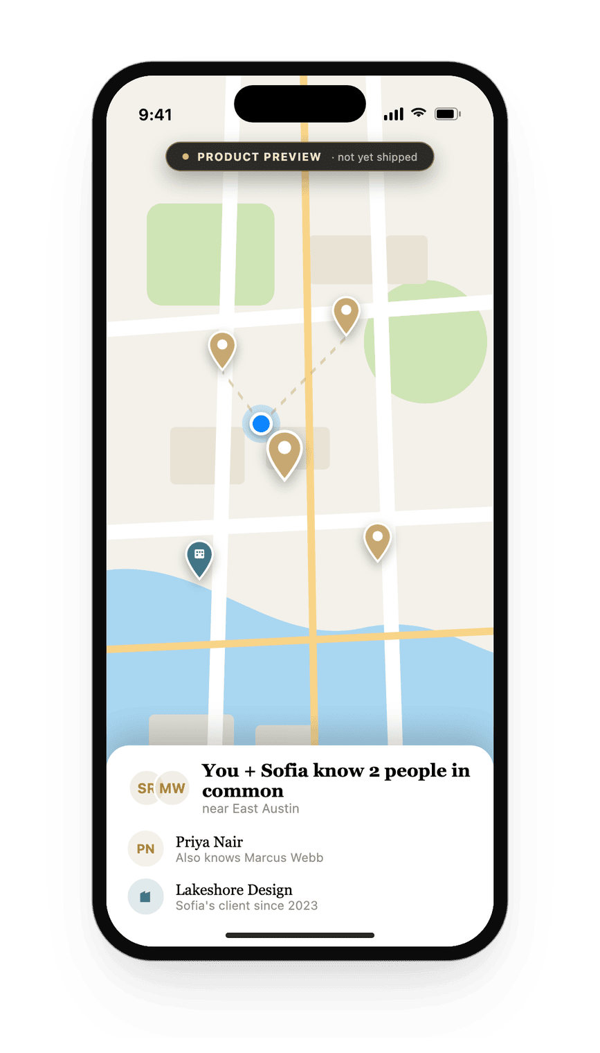 Concept mockup of a mutual-connections card: you and Sofia know two people in common near East Austin.