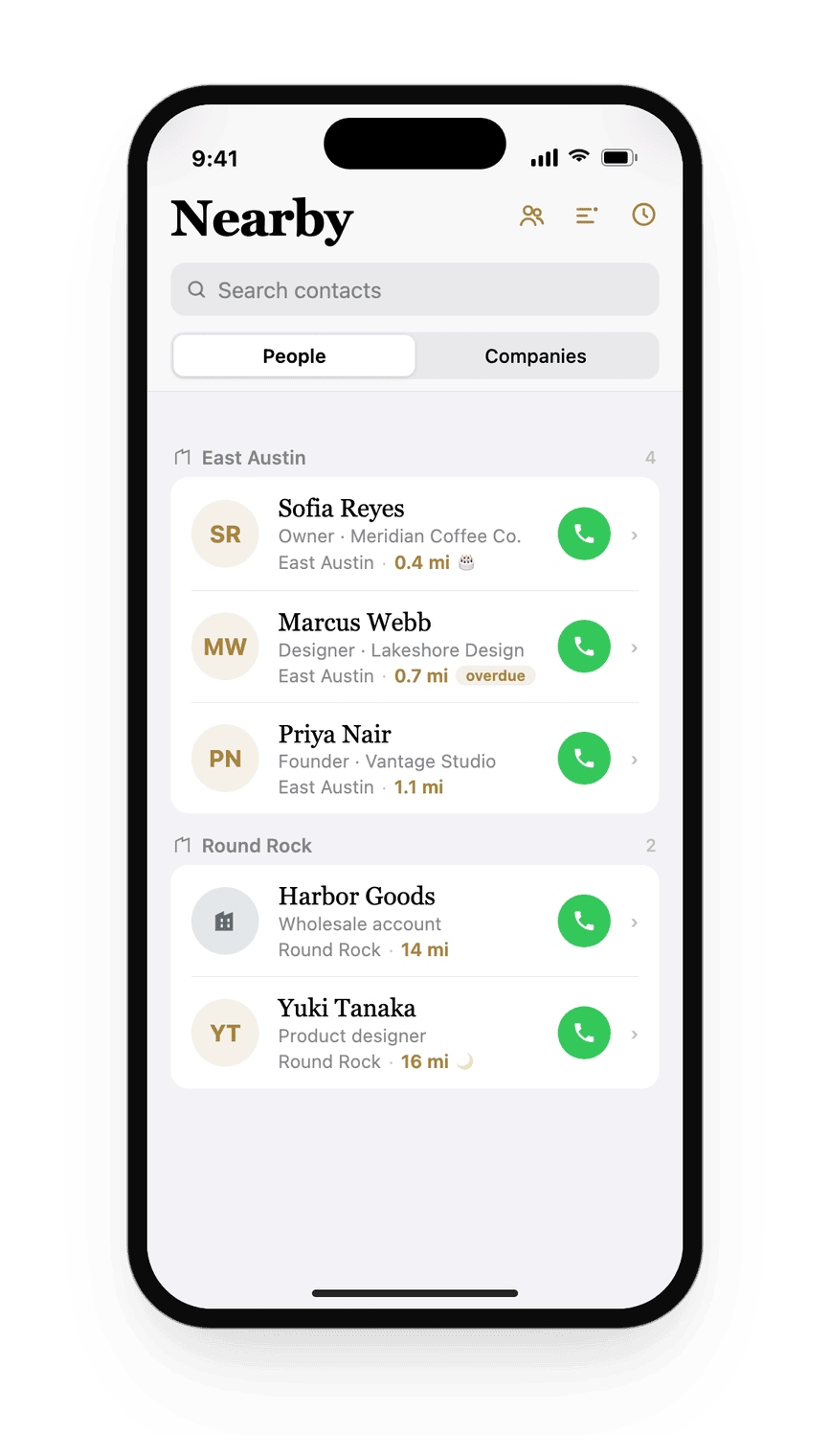 The Nearby list grouped by city: East Austin and Round Rock, contacts sorted by distance with one-tap call buttons.