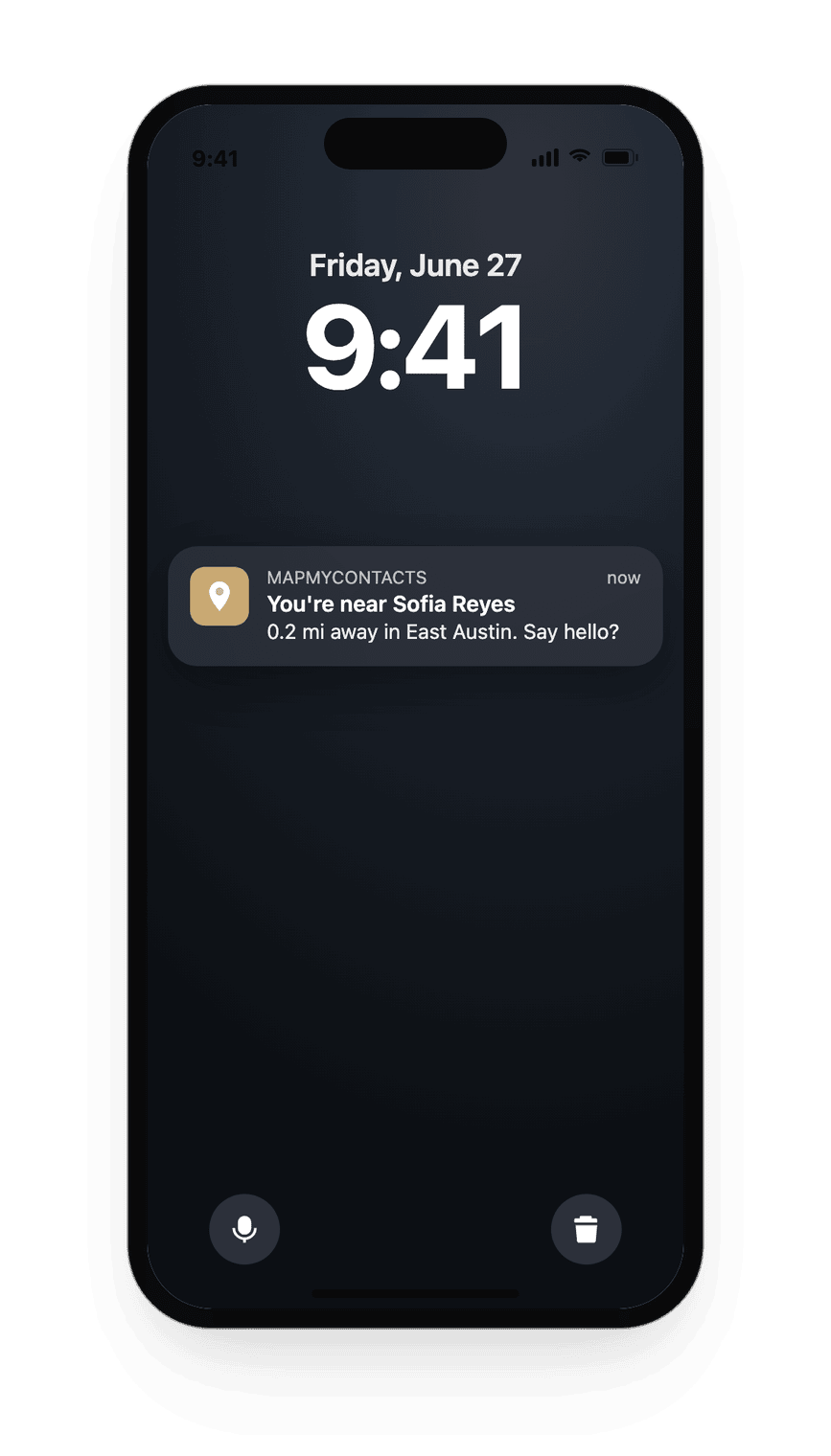 A Lock Screen proximity notification: you are near Sofia Reyes, 0.2 miles away in East Austin.