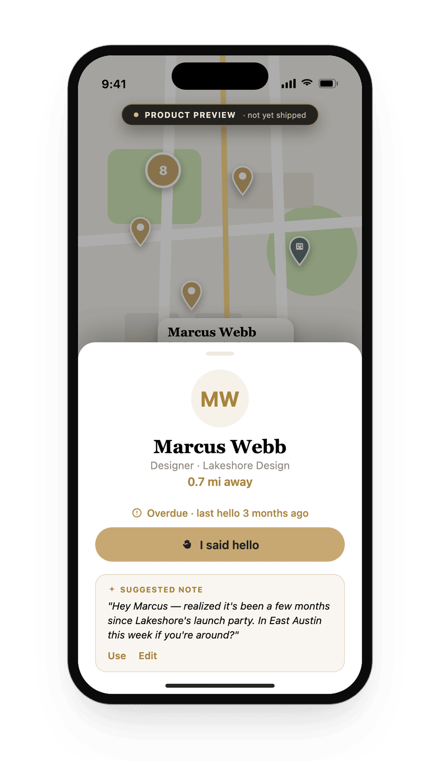 Concept mockup of a suggested reconnect note under I said hello, with Use and Edit actions.