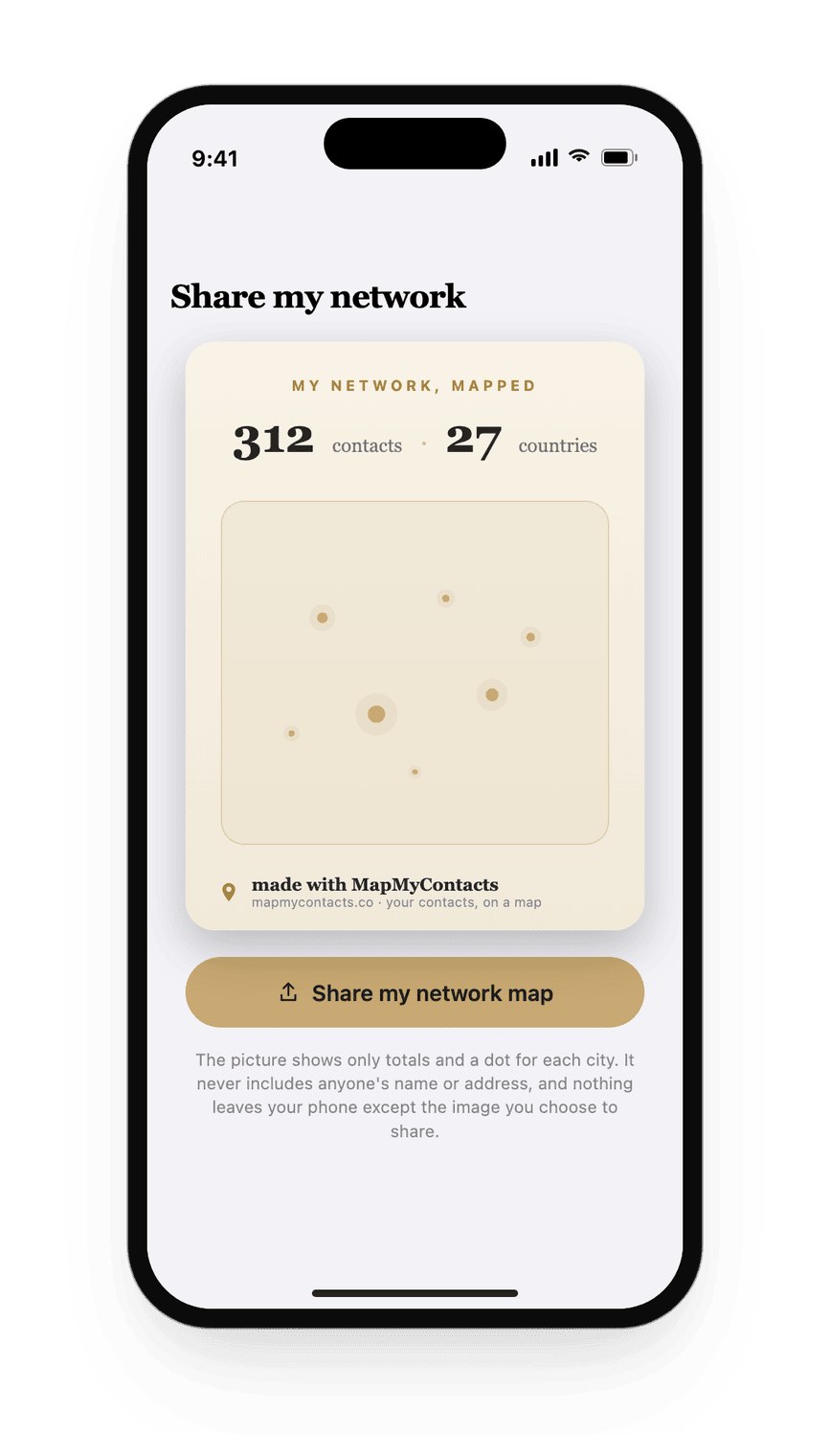 A shareable network card: 312 contacts across 27 countries, shown only as dots on a map, no names or addresses.