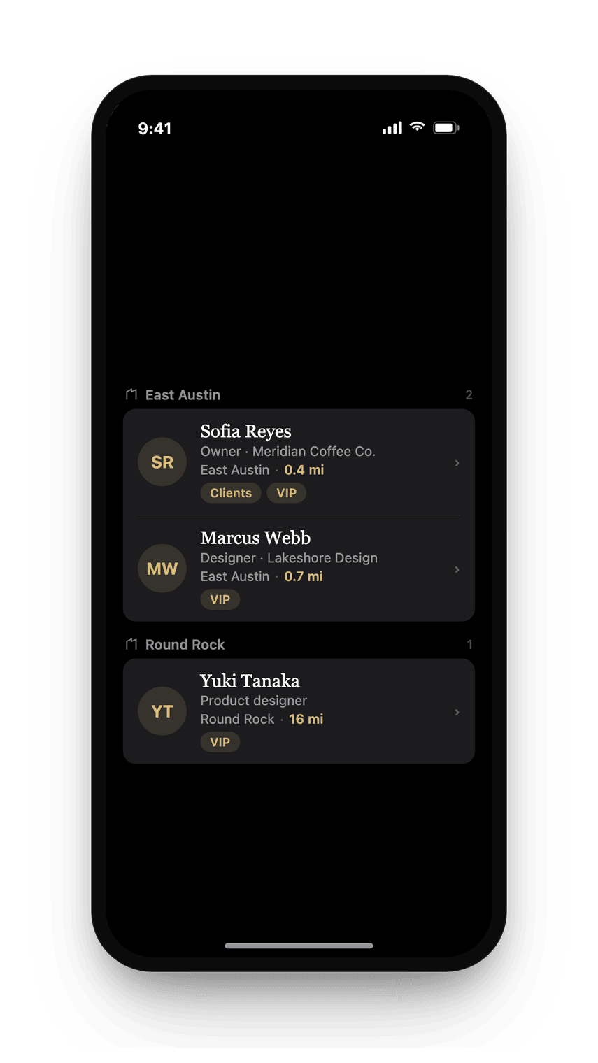 The tag-filtered Nearby list in dark mode.
