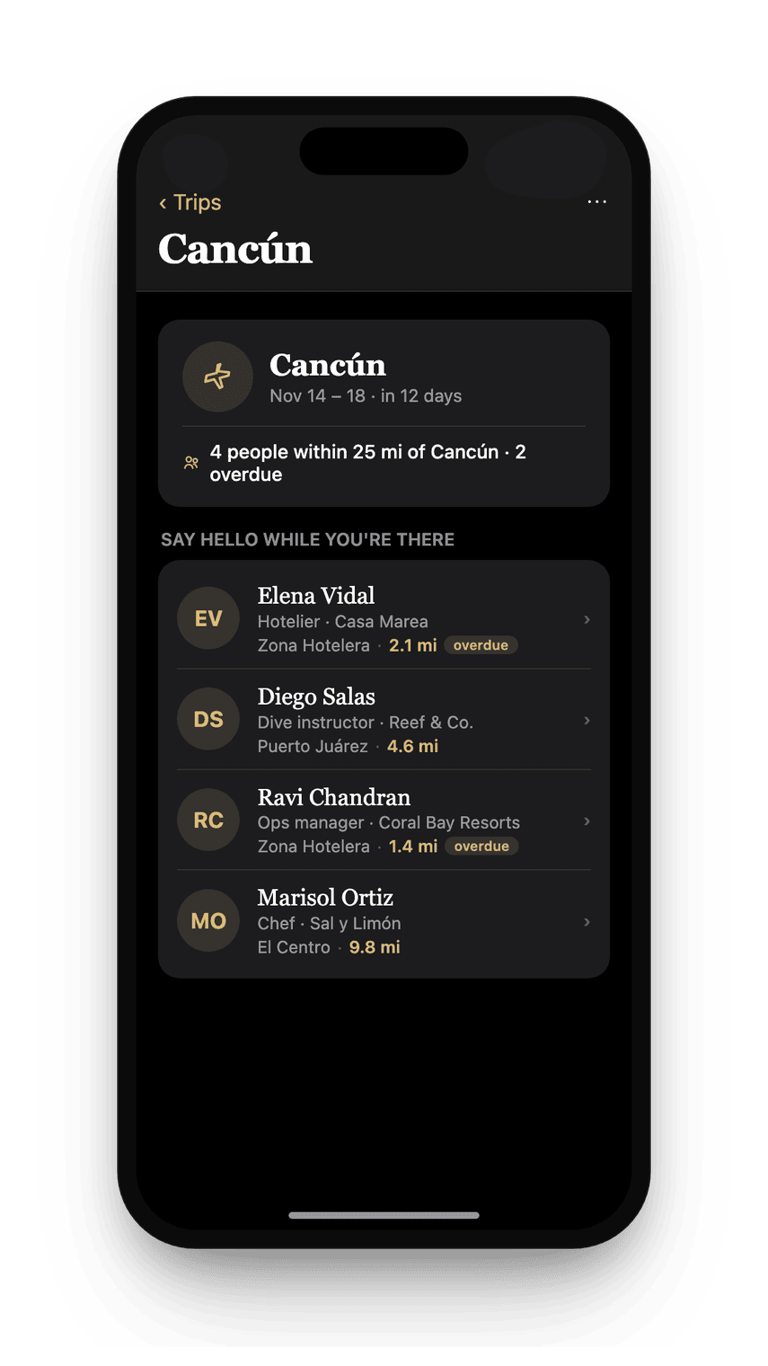 The Trips screen in dark mode, showing people nearby a destination before you travel.
