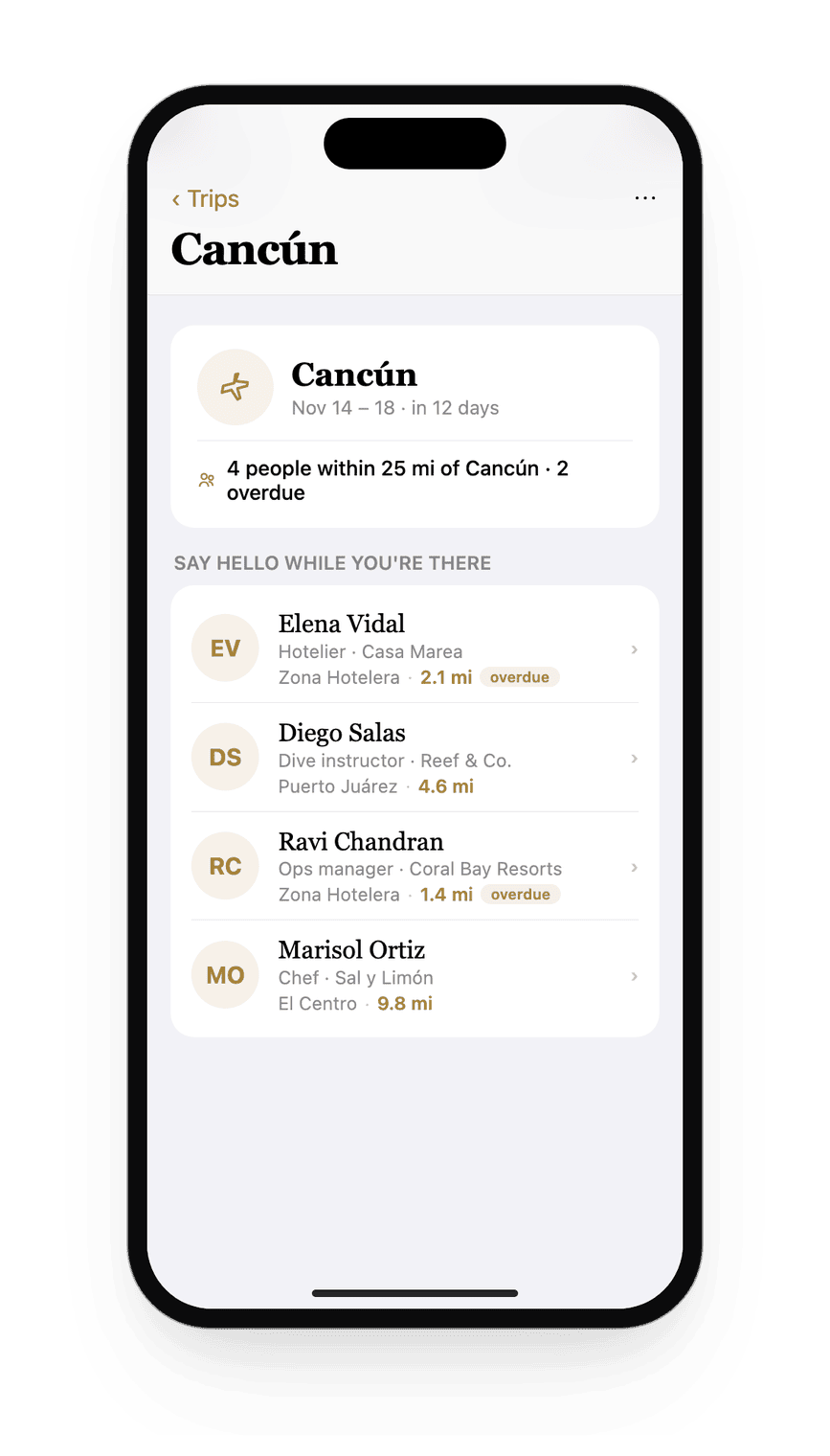 A Trips screen for Cancun: four people nearby within 25 miles, two flagged overdue, each one tap away.