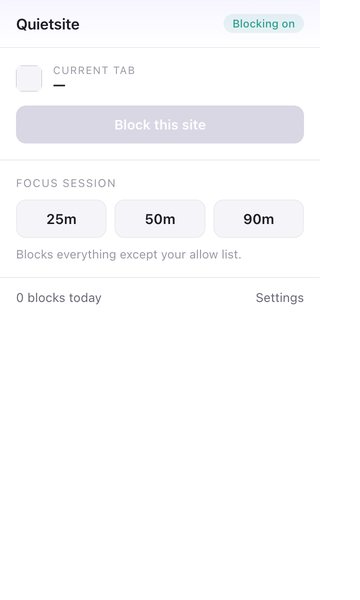 Quietsite toolbar popup with focus-session durations
