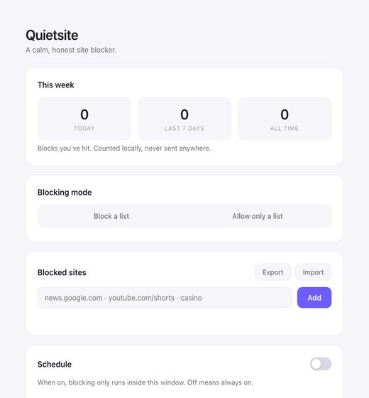 Quietsite settings: blocking mode, list, schedule, themes