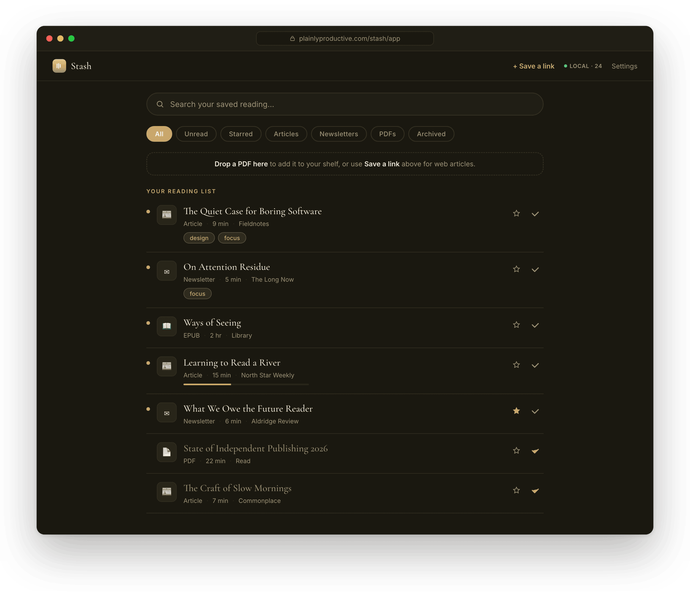 The Stash library in dark mode: a calm reading list of saved articles, newsletters, EPUBs, and PDFs.