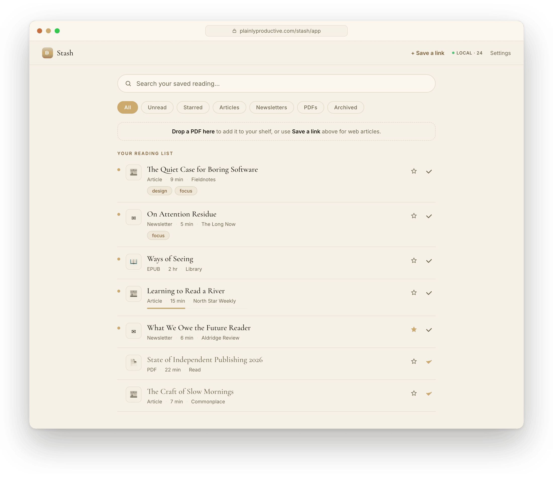 The Stash library: a calm reading list of saved articles, newsletters, EPUBs, and PDFs, with type badges, read times, and tags.