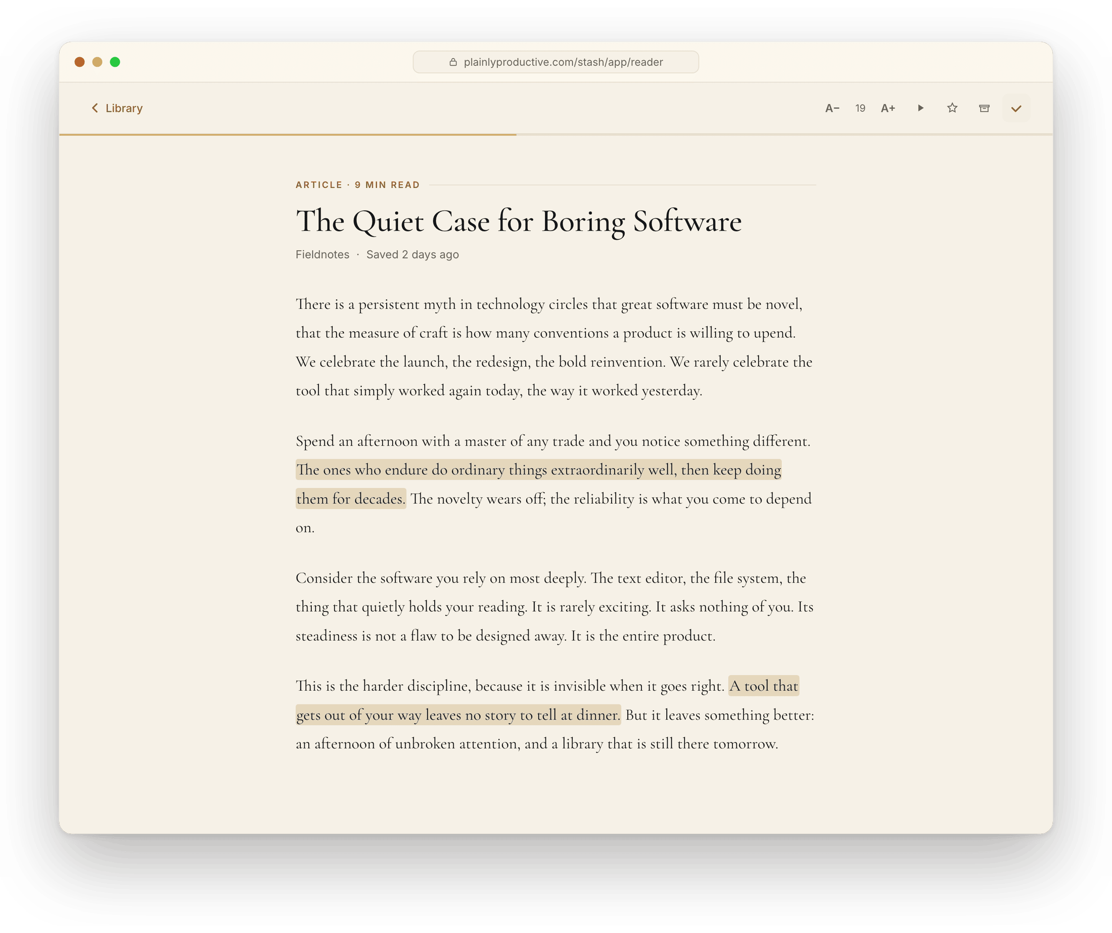 The Stash reader: a saved article stripped to a serif body at a comfortable measure, with two lines highlighted in gold.