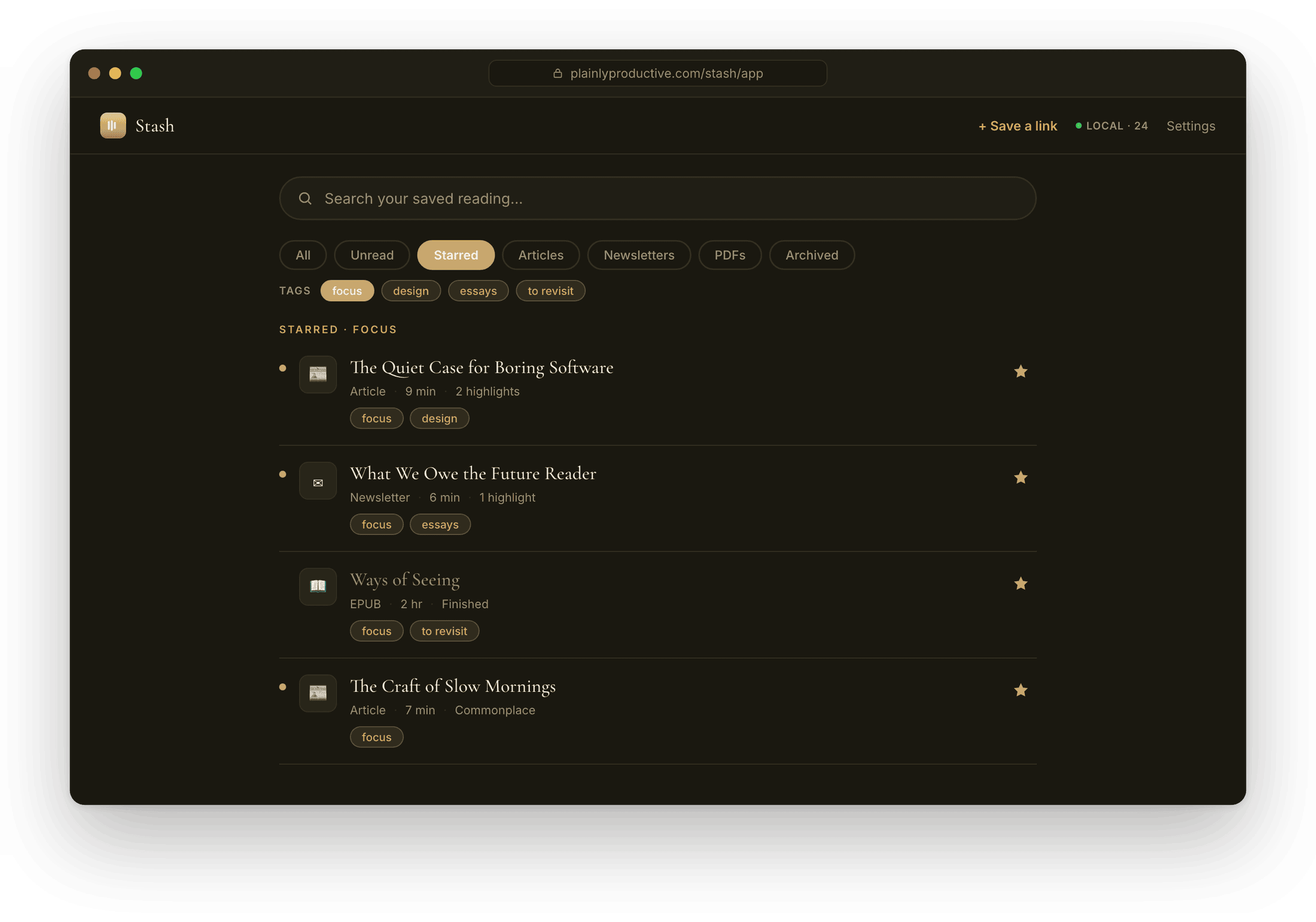 Stash starred and tagged view in dark mode.